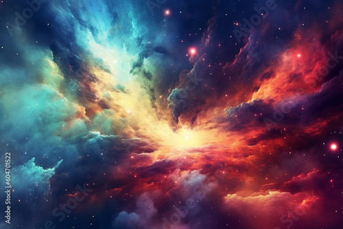 Illustration showcasing a vibrant space nebula. Intricate gas clouds swirl and dance, creating a mesmerizing display of colors. Ai generated