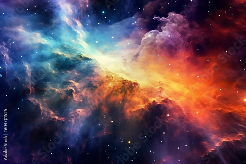 Illustration showcasing a vibrant space nebula. Intricate gas clouds swirl and dance  creating a mesmerizing display of colors. Ai generated
