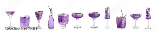 Collage of cold cocktails with lavender on white background