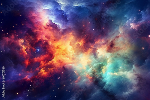 Illustration showcasing a vibrant space nebula. Intricate gas clouds swirl and dance  creating a mesmerizing display of colors. Ai generated