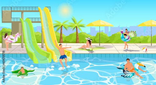 Happy people enjoy aquapark. Summer time vacation in swimming pool  water park landscape. Family activity. People slides pipes  kids playing and swim on inflatable circle animal. Vector illustration