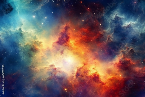 Illustration showcasing a vibrant space nebula. Intricate gas clouds swirl and dance  creating a mesmerizing display of colors. Ai generated