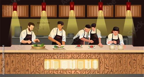 Restaurant kitchen with culinary staff in uniform apron and hat. Commercial banner of kitchen with cartoon characters chef cook dish dinner or dessert. Professional cooking table. Vector illustration