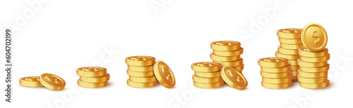 Stack of growing gold coins. Shiny golden coins in five stacks with another falling down. Finance, investment and savings. Dollar money or cash pile isolated on white background. Vector illustration
