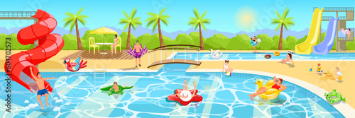 Happy people enjoy aquapark. Summer time vacation in swimming pool, water park landscape. Family activity. People slides pipes, kids playing and swim on inflatable circle animal. Vector illustration
