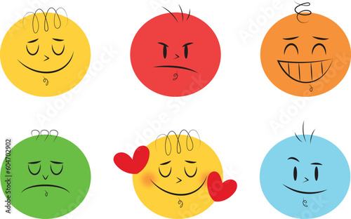 Round Smiley Emoji Faces Vector with a happy sad angry hand drawn illustration. Different colorful characters comic faces.