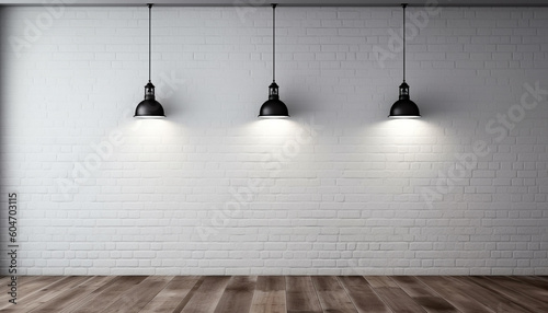 White Brick Studio Background with Three Black Lights and Wood Flooring on a White Brick Wall - Generative AI