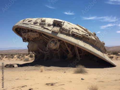 A huge alien ship crashed in the desert. AI generative.