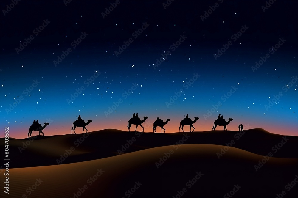 Camels walking in moonlight