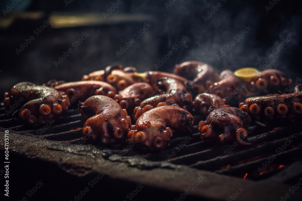 Octopuses on the grill. Grilled seafood. Smoke, fire. Cooking octopus. Generative AI. Octopuses on the grill. Grilled seafood. Smoke, fire. Cooking octopus. Generative AI.