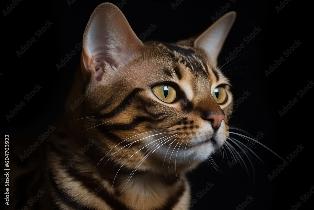 portrait of bengal cat on dark background, close up created with Generative AI Technology