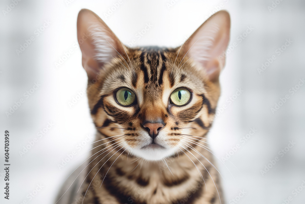 portrait of bengal cat in white room looking into the camera, close up, created with Generative AI Technology