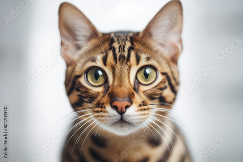portrait of bengal cat in white room looking into the camera, close up, created with Generative AI Technology © Ekaterina Shvaygert