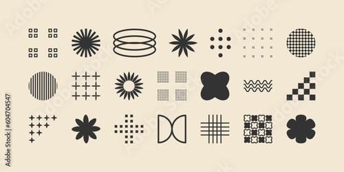 Retro abstract geometric bauhaus inspired elements, Collection of symbols, shapes and objects in y2k / Brutalism bold and primitive blocks swiss style. Trendy art templates.
