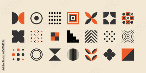 Retro abstract geometric bauhaus inspired elements, Collection of symbols, shapes and objects in y2k / Brutalism bold and primitive blocks swiss style. Trendy art templates.