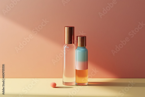 product photography illustration of a cosmetic beauty serum bottle mock up in a whimsical pastel setting with botanical elements  - ai generative art © MaryAnn