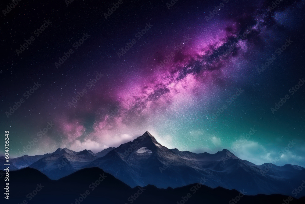 mountains against the beautiful galaxy with many stars and colors, created with Genrative AI Technology