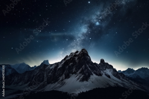 mountains against the beautiful galaxy with many stars and colors, created with Genrative AI Technology