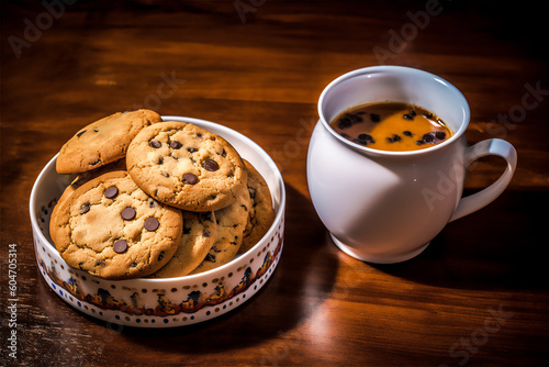 Chocolate chip cookies on a plate next to a cup of coffee  kithcen concept photo  ai generated  generative ai