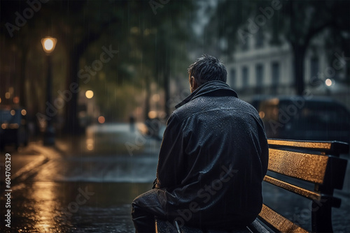 A lonely man sitting on a bench in the rain.Back view.Created with generative ai