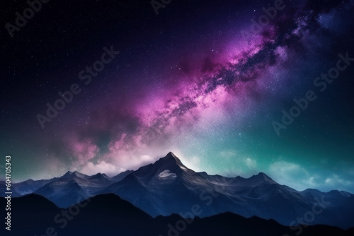 mountains against the beautiful galaxy with many stars and colors, created with Genrative AI Technology