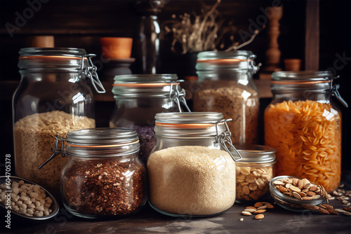 Dried grains in glass jars on wooden table, food photography, kitchen concept, ai generated, generative ai