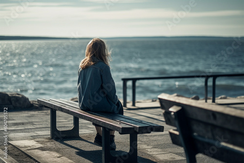A lonely girl sitting on a bench with a sea view.Back view.Created with generative ai © leo10
