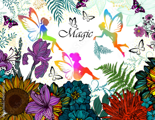 Background with flowers and fairy silhouette. Vector illustration