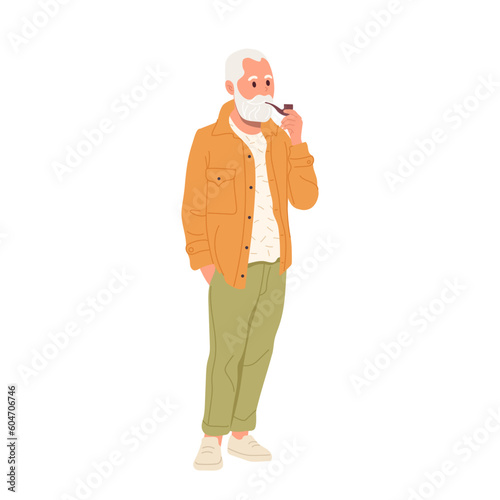 Trendy fashion good-looking old man character wearing casual clothes smoking pipe isolated portrait