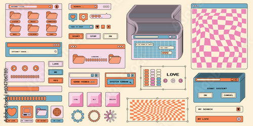 Set of sticker elements in 2000s trendy style. interface. Retro gaming interface, modern framework for PC. Nostalgic style. Vector illustration.