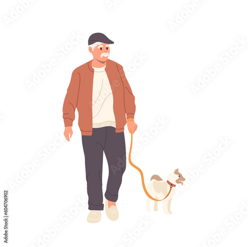 Retired elderly man cartoon character walking dog having active recreation with pet outdoors