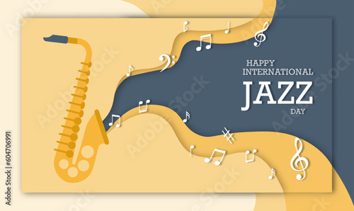 International jazz day. Saxophone with sheet music in orgiami and paper cut style. Holiday and festival on April 30. Beautiful and elegant music, art. Poster or banner. Cartoon vector illustration