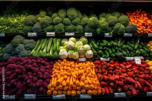 Fresh vegetables in the supermarket. different types of vegetables on the shelves. Generative AI