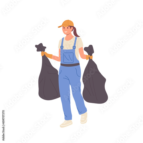 Flat cartoon happy smiling woman cleaner character picking garbage taking out trash in plastic bags