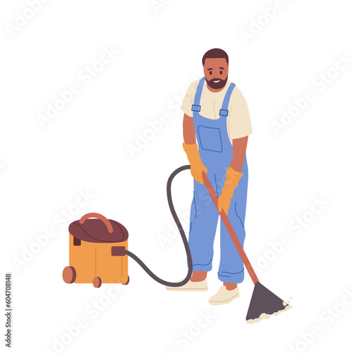 Cartoon young man worker character in uniform of cleaning service vacuuming floor isolated on white