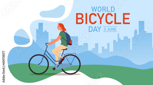 World bicycle day. Woman with backpack rides against backdrop of city buildings. Active lifestyle and sport. Traveler and tourism on environmentally friendly transport. Flat vector illustration