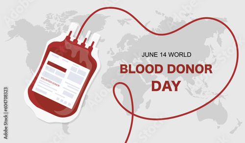 Blood world donor day. International holiday and festival 14 June. Transfusion bag on background of world map. Volunteering and donation. Blood bag transfering. Cartoon flat vector illustration