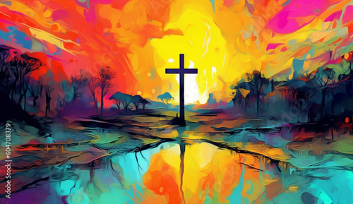 Christian cross in the style of an abstract landscape, expressive strokes, neon colors, Mexican muralism, post-apocalyptic. The concept of salvation and a better life. Generative AI. photo