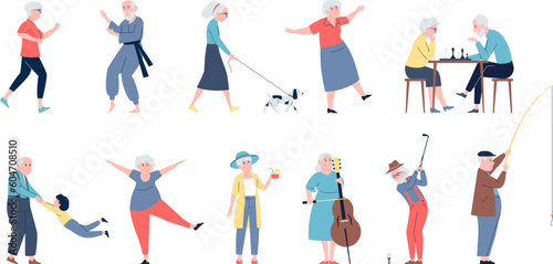 Elderly happy flat characters, old seniors. Isolated modern grandma and grandpa. Active grandparents doing exercises and rest, recent vector set