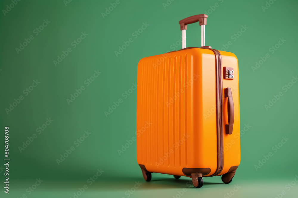 An orange suitcase on a green olive background. the concept of travel. minimalistic style, tourism and recreation. copy space. generative ai An orange suitcase on a green olive background. the concept of travel. minimalistic style, tourism and recreation. copy space. generative ai