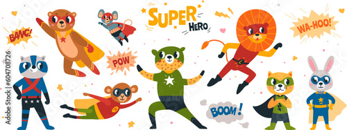 Cute cartoon baby superhero animals, child hero cticker. Isolated animal in mask, strong and power creatures. Classy superheroes vector set