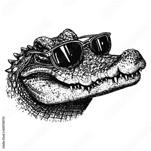 Fotografia cool alligator wearing sunglasses, crocodile vector sketch