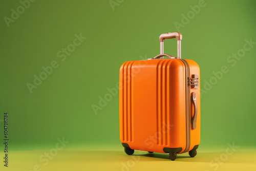 An orange suitcase on a green olive background. the concept of travel. minimalistic style, tourism and recreation. copy space. generative ai