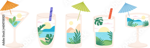 Summer in cocktails glass. Natural cocktail, vacation in margarita glasses. Abstract beach bar elements, creative graphic vacation racy vector design