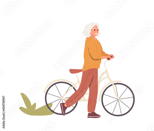 Happy senior woman cartoon character enjoying outdoor cycling walking in urban city park or forest