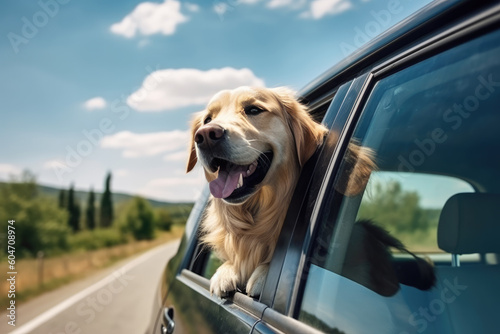 Happy dog on the car window summer vacation travel. AI