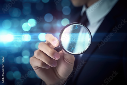 Businessman hand use magnifying glass Search On Virtual Screen Data Search Technology Search Engine Optimization. Searching for information. Using Search Console for data, info. AI