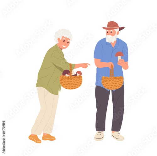 Happy active senior family couple cartoon characters walking together and picking mushrooms