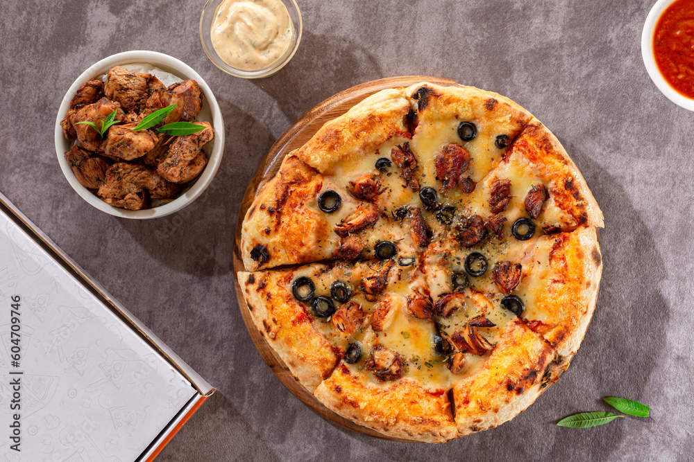 Chicken Breast Pizza With Mozzarella Cheese Baked On A Wood burning 