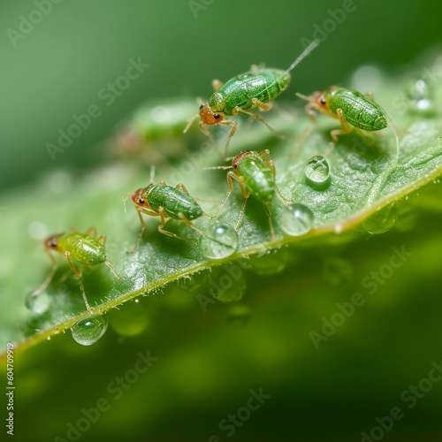 Green insect pests aphids on a green leaf and dew drops, close-up macro, ai generative